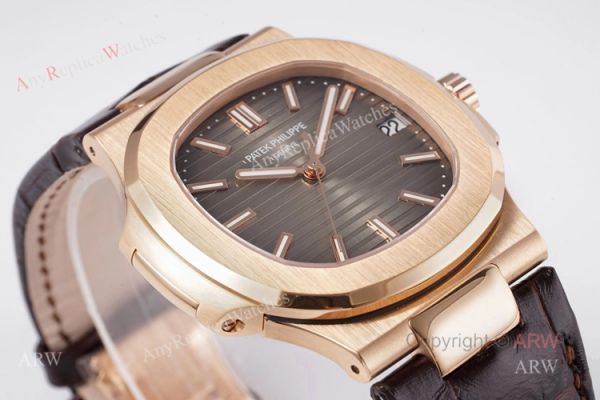 Swiss Patek Philippe Nautilus Rose Gold Grey Dial Brown Leather Strap Replica Watch Swiss Patek Philippe Nautilus Rose Gold Grey Dial Brown Leather Strap Replica Watch