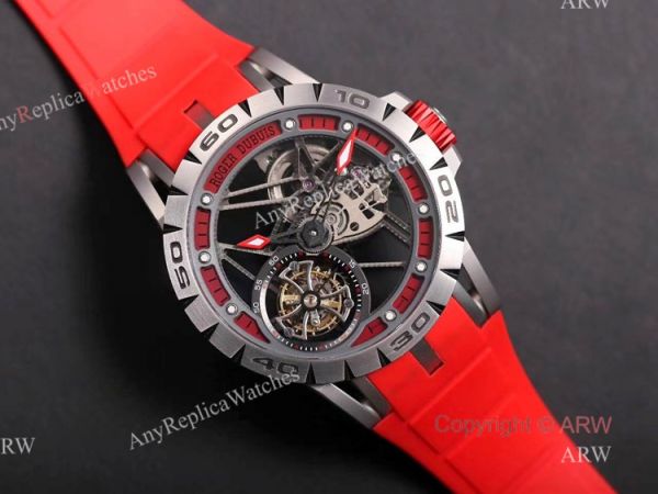 Swiss Replica Roger Dubuis Excalibur Spider Tourbillon Skeleton Watch With Red Rubber Band Swiss Replica Roger Dubuis Excalibur Spider Tourbillon Skeleton Watch With Red Rubber Band