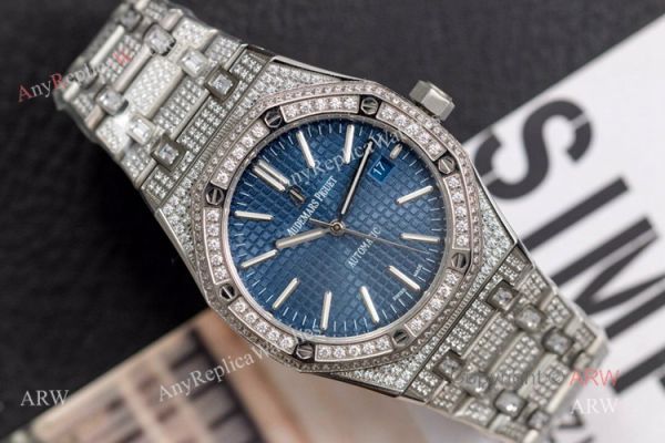 Iced Out Audemars Piguet 15400 Blue Dial Swiss 3120 Replica Watches 41mm Iced Out Audemars Piguet 15400 Blue Dial Swiss 3120 Replica Watches 41mm