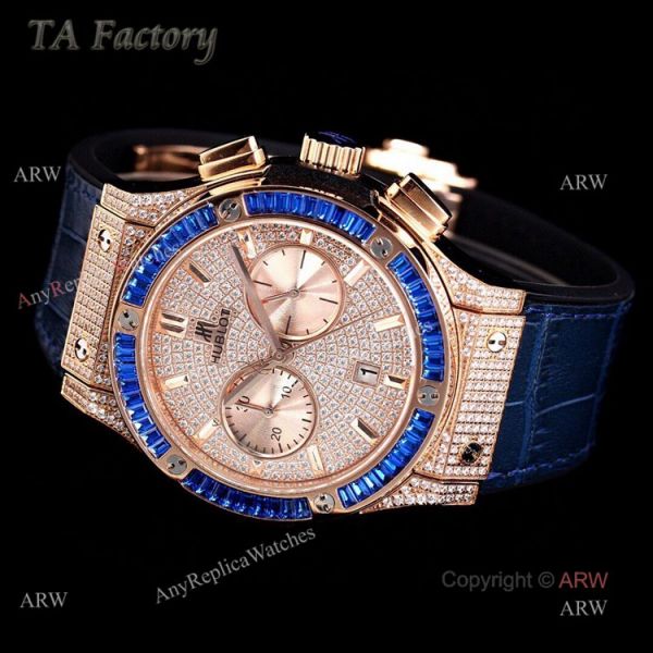 Hublot Big Bang Rose Gold Diamonds Swiss Replica Watches With Blue Diamond Bezel Hublot Big Bang Rose Gold Diamonds Swiss Replica Watches With Blue Diamond Bezel