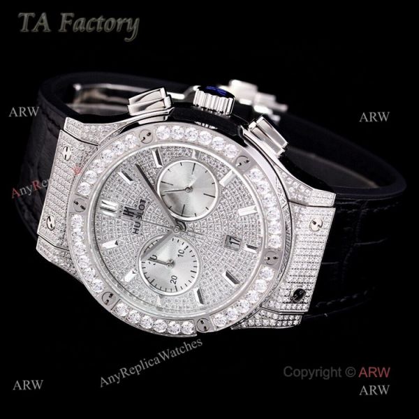 Swiss Replica Mens Hublot Big Bang Diamond Watches 45mm With Hublot Black Leather Strap Swiss Replica Mens Hublot Big Bang Diamond Watches 45mm With Hublot Black Leather Strap