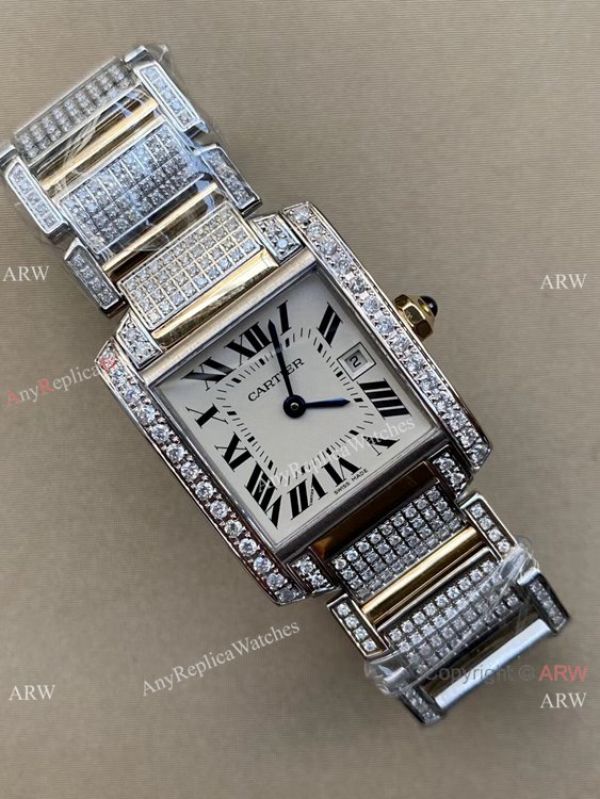 Iced Out Cartier Tank Francaise Stainless Steel Watch Large Size Iced Out Cartier Tank Francaise Stainless Steel Watch Large Size