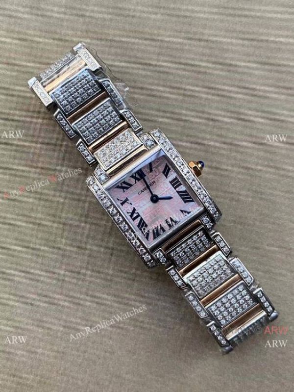 Best Copy Cartier Tank Francaise Small Watch Iced Out Case Pink Dial Best Copy Cartier Tank Francaise Small Watch Iced Out Case Pink Dial