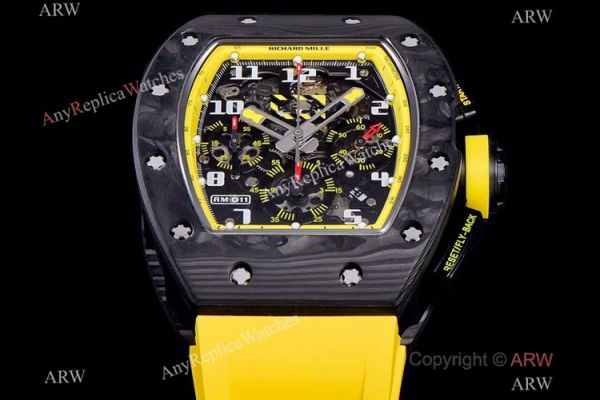KV Factory Richard Mille RM-011 Yellow Storm Flyback Chronograph Watch Carbon NTPT Yellow Rubber Strap KV Factory Richard Mille RM-011 Yellow Storm Flyback Chronograph Watch Carbon NTPT Yellow Rubber Strap