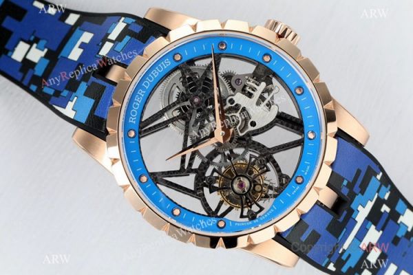 2021 New! BBR Factory Roger Dubuis Excalibur Skeleton Flying Tourbillon Watch Rose Gold Blue Rubber Strap 2021 New! BBR Factory Roger Dubuis Excalibur Skeleton Flying Tourbillon Watch Rose Gold Blue Rubber Strap