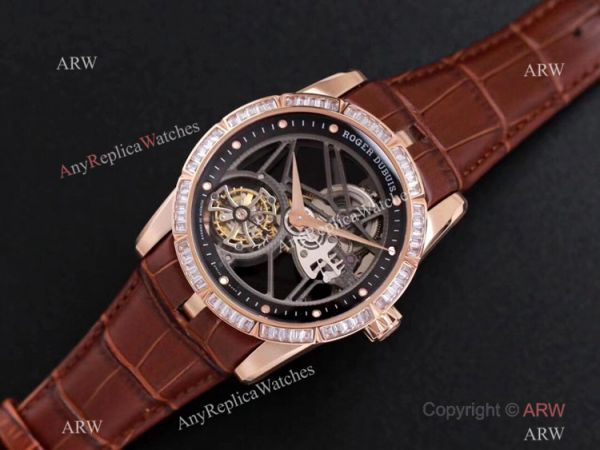 Super Clone Roger Dubuis Excalibur Skeleton Swiss Tourbillon JBF V3 Diamond Black Dial Watch Rose Gold Super Clone Roger Dubuis Excalibur Skeleton Swiss Tourbillon JBF V3 Diamond Black Dial Watch Rose Gold
