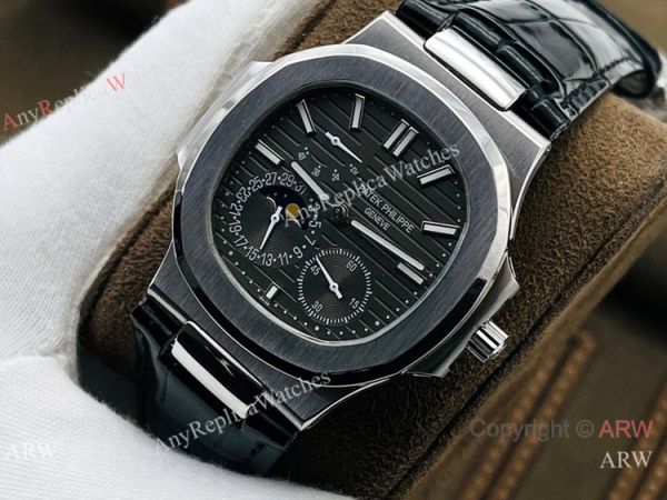 (PF Factory) Swiss Replica Patek Philippe Nautilus Moonphase Watch Black Dial Black Leather Strap (PF Factory) Swiss Replica Patek Philippe Nautilus Moonphase Watch Black Dial Black Leather Strap