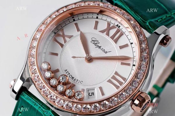 AF Factory Chopard Happy Sport 36mm Watch Rose Gold Bezel Green Leather Strap AF Factory Chopard Happy Sport 36mm Watch Rose Gold Bezel Green Leather Strap