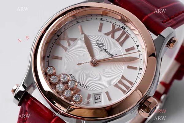 AF Factory 1:1 Replica Chopard Happy Sport 36mm Watch Rose Gold Bezel Red Leather Strap AF Factory 1:1 Replica Chopard Happy Sport 36mm Watch Rose Gold Bezel Red Leather Strap