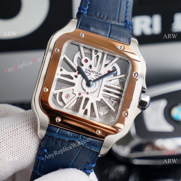 (TW )Replica Cartier Santos Skeleton Watch With Blue Leather Strap (TW )Replica Cartier Santos Skeleton Watch With Blue Leather Strap