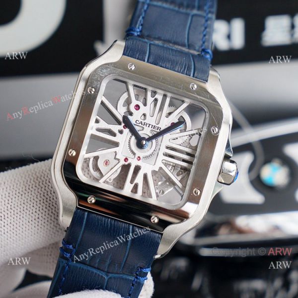 (TW ) Best Skeleton Santos De Cartier Stainless Steel Copy Watch With Blue Leather Band (TW ) Best Skeleton Santos De Cartier Stainless Steel Copy Watch With Blue Leather Band