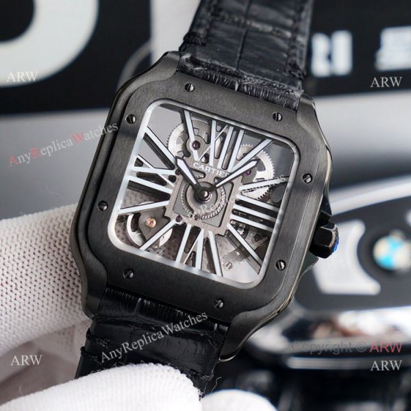 (TW ) Skeleton Santos De Cartier In All Black Leather Strap Watch High End Replica For Men (TW ) Skeleton Santos De Cartier In All Black Leather Strap Watch High End Replica For Men