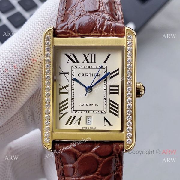 High Quality Replica Rose Gold Cartier Tank Automatic Watch With Diamond Bezel High Quality Replica Rose Gold Cartier Tank Automatic Watch With Diamond Bezel