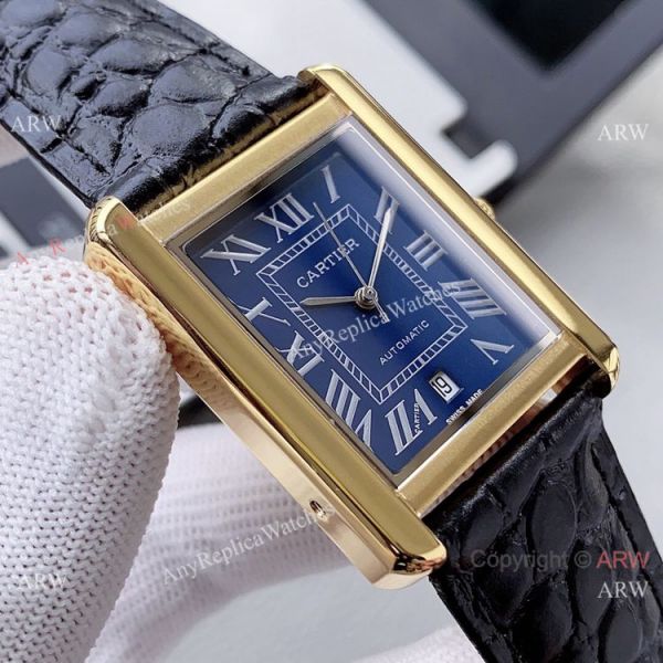 Yellow Gold Cartier Tank Automatic Copy Watch In Black Leather Strap White Dial Yellow Gold Cartier Tank Automatic Copy Watch In Black Leather Strap White Dial