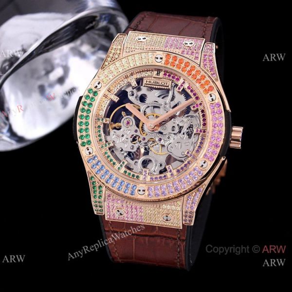 Replica Skeleton Hublot Rainbow Watch Rose Gold 45mm With Brown Leather Strap Replica Skeleton Hublot Rainbow Watch Rose Gold 45mm With Brown Leather Strap