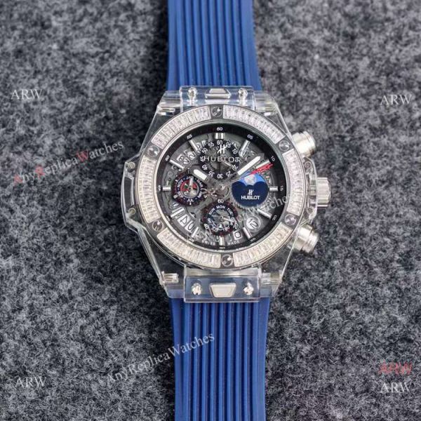 2021 Replica Hublot Big Bang Unico Sapphire Watch Diamond Bezel Blue Rubber Strap 2021 Replica Hublot Big Bang Unico Sapphire Watch Diamond Bezel Blue Rubber Strap