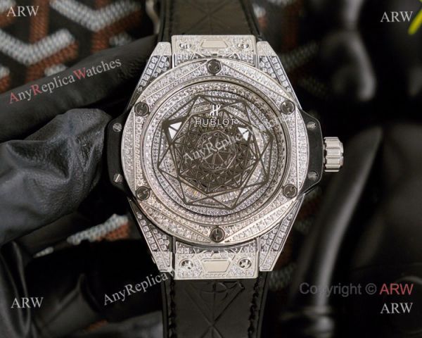 New Replica Hublot Iced Out Rose Gold Sang Bleu Watches 45mm New Replica Hublot Iced Out Rose Gold Sang Bleu Watches 45mm