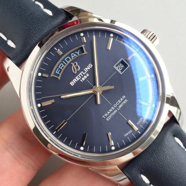 Swiss Grade Copy Breitling Transocean Day Date V7 Factory Watch Blue Dial Blue Leather Strap Swiss Grade Copy Breitling Transocean Day Date V7 Factory Watch Blue Dial Blue Leather Strap