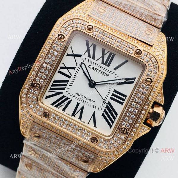 Best Copy Cartier Santos 100 Diamond Watch White Dial With Roman Markers Best Copy Cartier Santos 100 Diamond Watch White Dial With Roman Markers