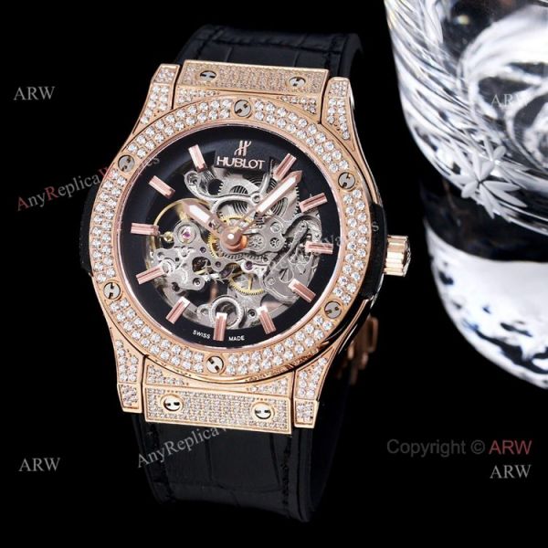 45mm Hublot Big Bang Rose Gold Skeleton Watch With Diamonds For Mens Replica 45mm Hublot Big Bang Rose Gold Skeleton Watch With Diamonds For Mens Replica