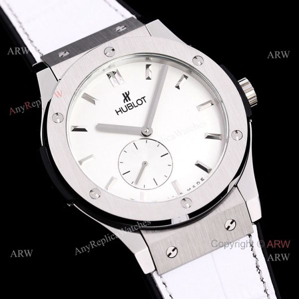 Stainless Steel Hublot Classic Fusion 42mm White Dial White Leather Strap Watch Replica Stainless Steel Hublot Classic Fusion 42mm White Dial White Leather Strap Watch Replica