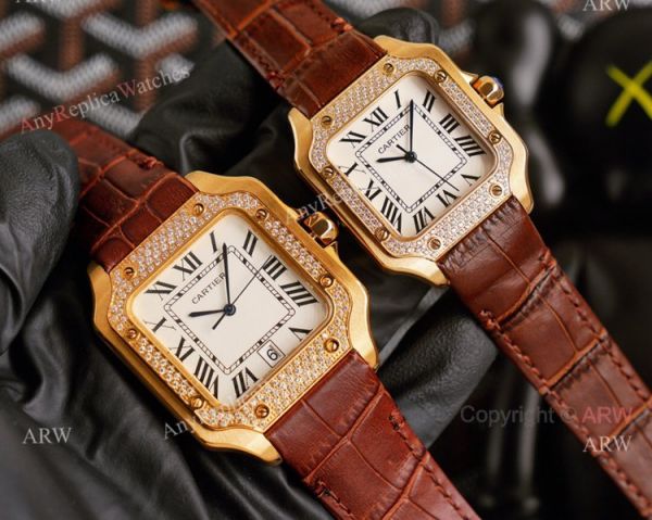 Replica Cartier Santos Yellow Gold White Dial Watch With Diamonds For Men And Women Replica Cartier Santos Yellow Gold White Dial Watch With Diamonds For Men And Women