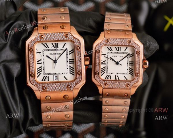 Swiss Quartz Cartier Santos Gold Copy Watch With Diamonds White Dial With Roman Markers Swiss Quartz Cartier Santos Gold Copy Watch With Diamonds White Dial With Roman Markers