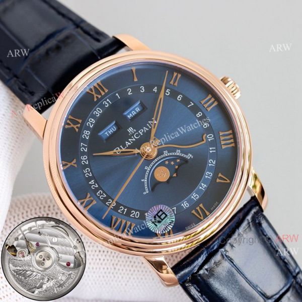 V2 New Upgraded Replica Blancpain Moon Phase Rose Gold Watch Blue Dial Blue Leather Strap V2 New Upgraded Replica Blancpain Moon Phase Rose Gold Watch Blue Dial Blue Leather Strap
