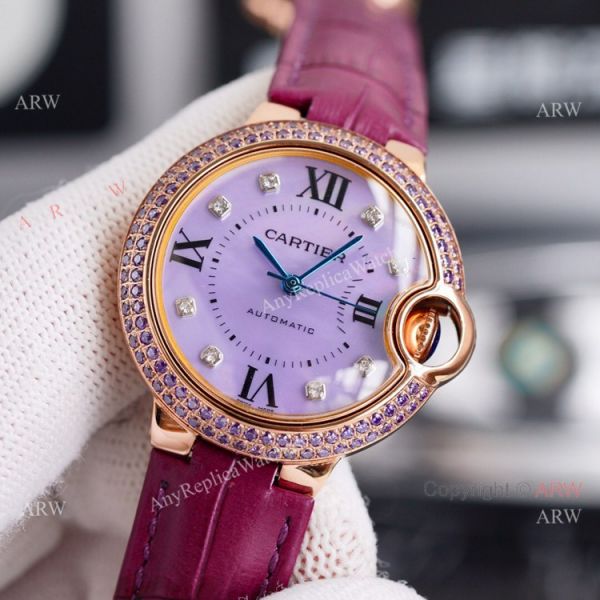 New Ladies Cartier Ballon Bleu 33mm Rose Gold diamond Purple Dial Purple Leather Strap Replica Watches New Ladies Cartier Ballon Bleu 33mm Rose Gold diamond Purple Dial Purple Leather Strap Replica Watches