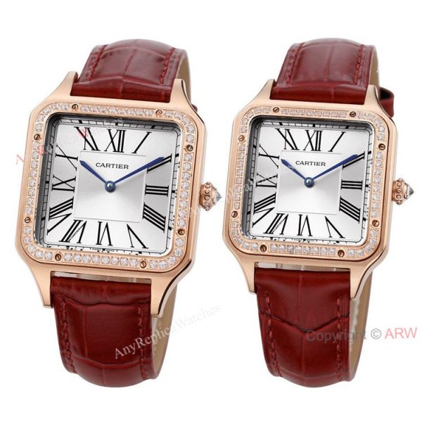 New Faux Cartier Santos-Dumont Rose Gold Couple Watch With Diamonds Bezel Brown Leather Band New Faux Cartier Santos-Dumont Rose Gold Couple Watch With Diamonds Bezel Brown Leather Band
