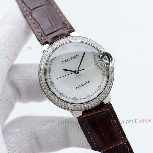 Swiss Quality Knockoff Cartier Ballon Bleu 36mm Automatic Watch With Diamond Bezel Black Leather Strap Swiss Quality Knockoff Cartier Ballon Bleu 36mm Automatic Watch With Diamond Bezel Black Leather Strap