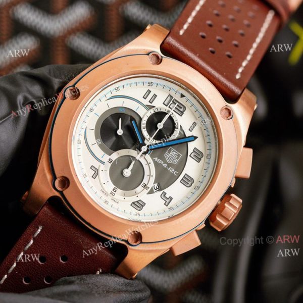 New Tag Heuer MP4-12C Chronograph Knockoff Watch Rose Gold Brown Leather Strap New Tag Heuer MP4-12C Chronograph Knockoff Watch Rose Gold Brown Leather Strap