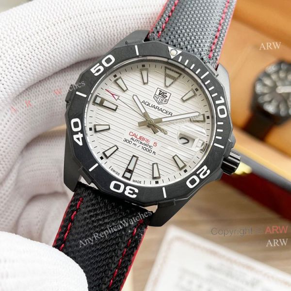 Tag Heuer Aquaracer Calibre 5 White Face 44 Replica Watch Black Steel Black Leather Strap Tag Heuer Aquaracer Calibre 5 White Face 44 Replica Watch Black Steel Black Leather Strap