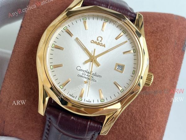 Copy Omega Constellation Silver Dial Yellow Gold Case Brown Leather Strap Men Watch Copy Omega Constellation Silver Dial Yellow Gold Case Brown Leather Strap Men Watch
