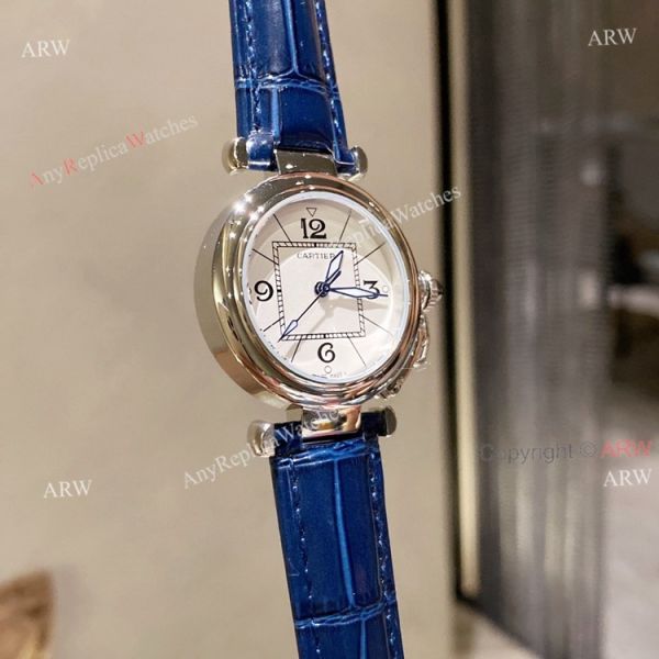 New Pasha De Cartier Watch 35mm white face blue leather strap replica New Pasha De Cartier Watch 35mm white face blue leather strap replica