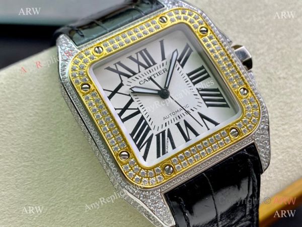 Swiss Quality Iced Out Cartier Santos De Watch Two Tone Sapphire Crystal Swiss Quality Iced Out Cartier Santos De Watch Two Tone Sapphire Crystal