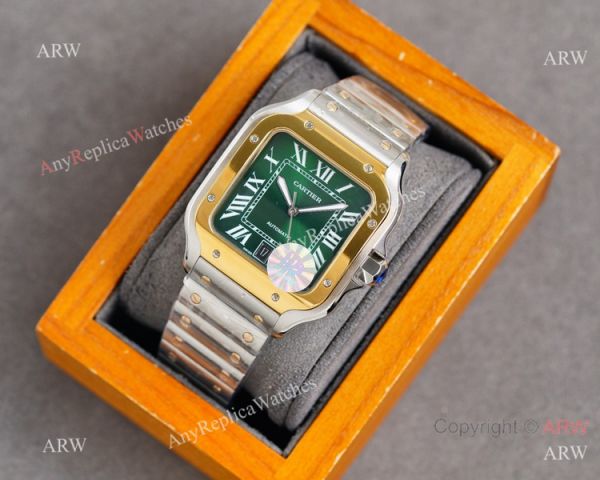 New Cartier Alberto Santos-Dumont Green Two Tone Watch Sapphire Crystal New Cartier Alberto Santos-Dumont Green Two Tone Watch Sapphire Crystal