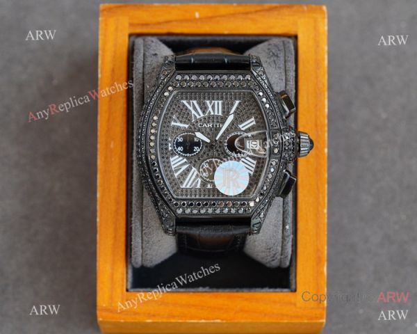 Iced Out Cartier Roadster All Black Watches Leather Strap Iced Out Cartier Roadster All Black Watches Leather Strap