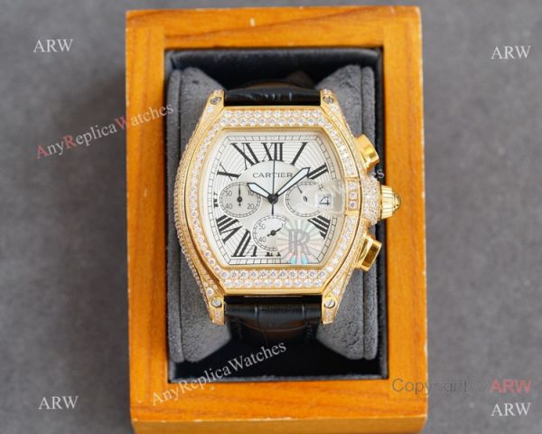 Iced Out Cartier Roadster Chronograph Watches Yellow Gold Case Iced Out Cartier Roadster Chronograph Watches Yellow Gold Case