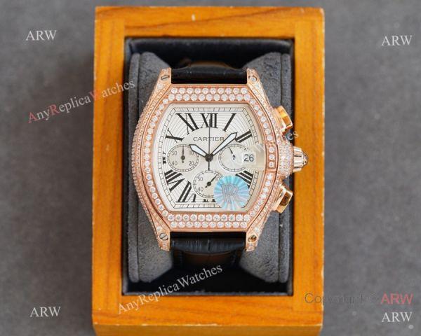 Iced Out Cartier Roadster Replica Watch Rosse Gold White Chronograph Dial Iced Out Cartier Roadster Replica Watch Rosse Gold White Chronograph Dial