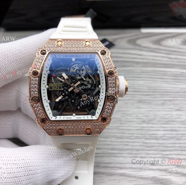 Swiss Quality Richard Mille RM35-01 Rafael Nadal Watch Rose Gold Diamond Yellow Rubber Strap Swiss Quality Richard Mille RM35-01 Rafael Nadal Watch Rose Gold Diamond Yellow Rubber Strap