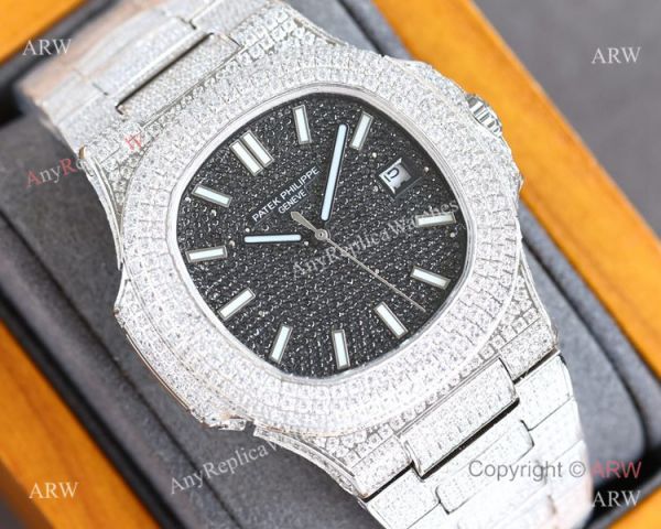 Swiss Grade One Patek Philippe Iced Out Nautilus 9015 Watch BlackSilver Diamond Swiss Grade One Patek Philippe Iced Out Nautilus 9015 Watch BlackSilver Diamond