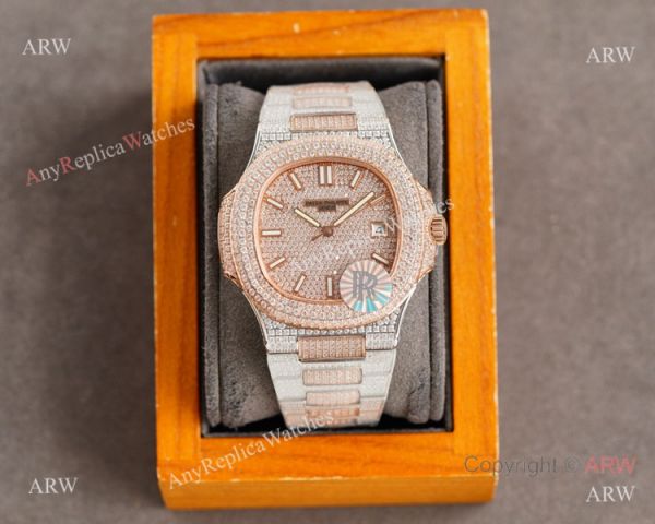 Swiss Grade Patek Philippe Nautilus 40mm Watch 9015 Ultra-thin Full Diamond Dial 2-Tone Rose Gold Swiss Grade Patek Philippe Nautilus 40mm Watch 9015 Ultra-thin Full Diamond Dial 2-Tone Rose Gold