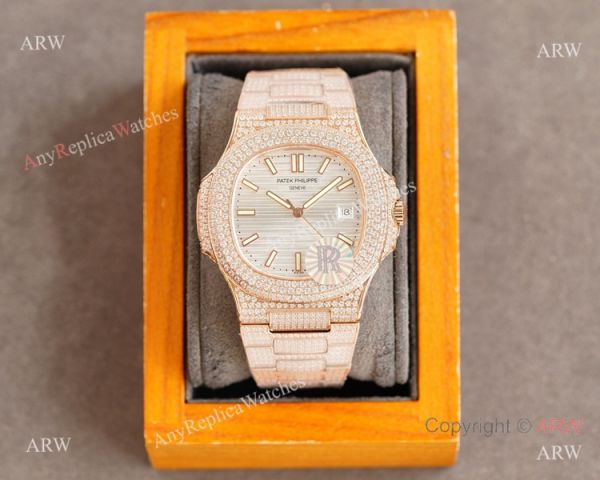 Swiss AAA Replica Patek Philippe Nautilus 9015 Ultra-thin Watch Rose Gold Iced Out Black Dial 40mm Swiss AAA Replica Patek Philippe Nautilus 9015 Ultra-thin Watch Rose Gold Iced Out Black Dial 40mm