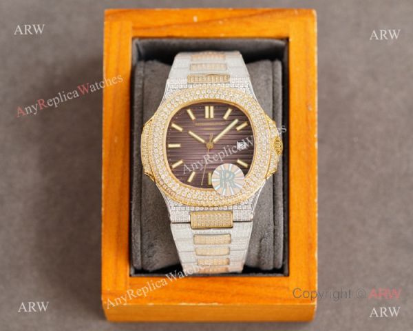 Swiss Replica Patek Philippe Nautilus 9015 Ultra-thin Watch Two Tone Iced Out Case Swiss Replica Patek Philippe Nautilus 9015 Ultra-thin Watch Two Tone Iced Out Case