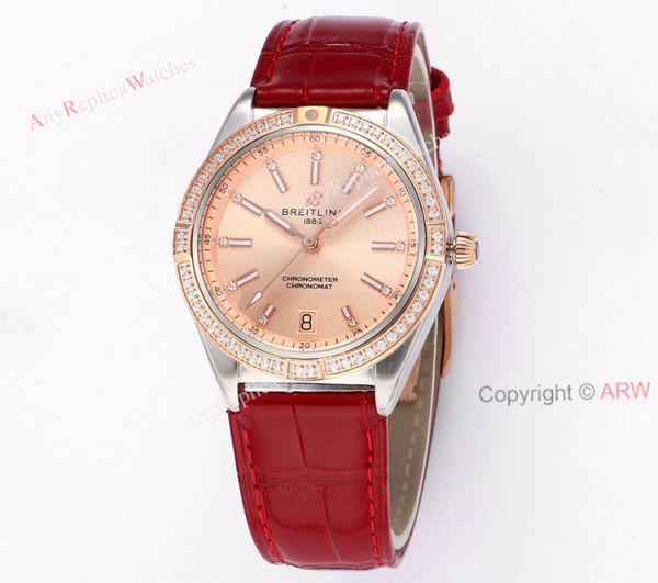 2021 Copy Breitling Chronomat 36 Rose Gold Watch With Red Leather Strap 2021 Copy Breitling Chronomat 36 Rose Gold Watch With Red Leather Strap