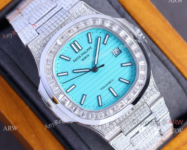 Iced Out Patek Philippe Nautilus Tiff-any Baby Blue Diamond Band Watch Cal.324 40mm Iced Out Patek Philippe Nautilus Tiff-any Baby Blue Diamond Band Watch Cal.324 40mm