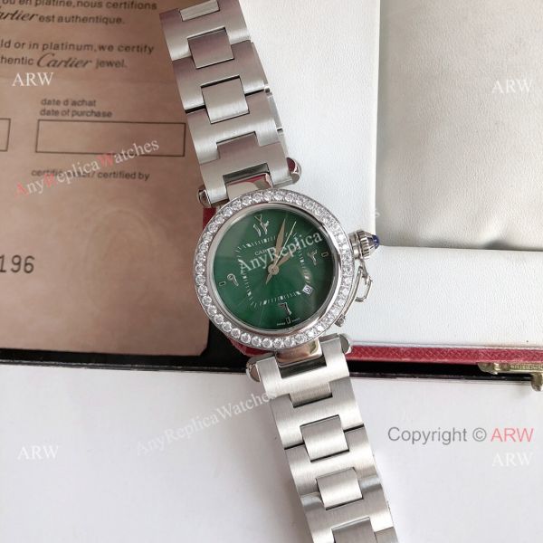 New Replica Cartier Pasha Diamond Bezel Deep Green Dial 316L SS Watch With Arabic Markers New Replica Cartier Pasha Diamond Bezel Deep Green Dial 316L SS Watch With Arabic Markers