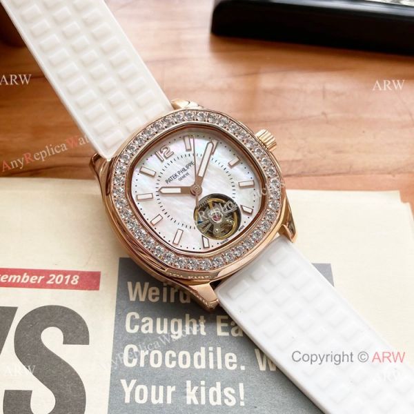 Clone Patek Philippe Lady Tourbillon Diamond Bezel Purple Rubber Strap 35mm Clone Patek Philippe Lady Tourbillon Diamond Bezel Purple Rubber Strap 35mm