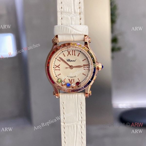 Replica Chopard Happy Sport Quartz 30mm Watch Rainbow bezel Rose Gold Replica Chopard Happy Sport Quartz 30mm Watch Rainbow bezel Rose Gold